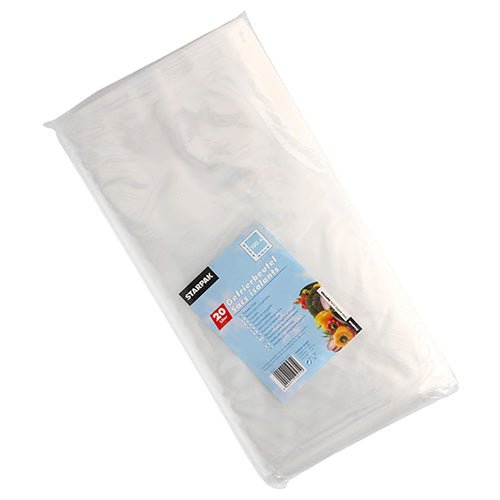 A transparent plastic packaging contains 100 Starpak LDPE freezer bags (60 x 40 cm, each 20 l). The blue label shows the Starpak brand, product details, and pictures of fresh products.