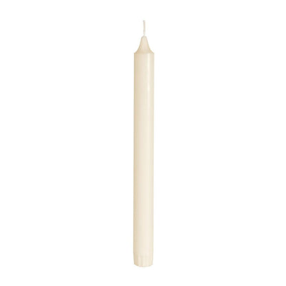A single, unlit crown candle made of 100% stearin (250 x 22 mm, 9h burn time) from Duni GmbH stands upright against a plain white background, with a smooth surface, visible wick, and slightly textured base.