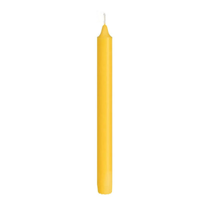 A single, unlit yellow crown candle made of 100% stearin (250 x 22 mm, 9h) from Duni GmbH stands upright against a plain white background and is known for its long burn time.