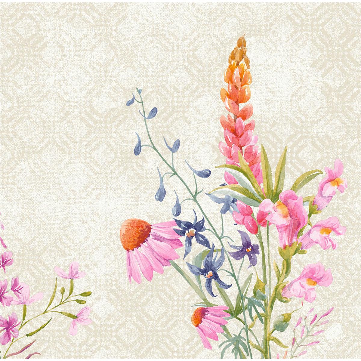 A watercolor illustration with pink coneflowers, blue blossoms, and tall pink lupines adorns a beige patterned background - perfect for Duni GmbH Dunisoft napkins 40x40cm.
