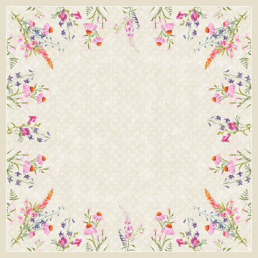 Ein quadratischer Rahmen mit farbenfrohen Aquarellblumen im Floret-Design und grünen Blättern hebt einen leeren, dezent strukturierten beigen Mittelpunkt hervor - ideal für die Dunicel Mitteldecke 84x84 cm Floret (Packung 20 Stück) der Duni GmbH als elegante Tischdekoration.
