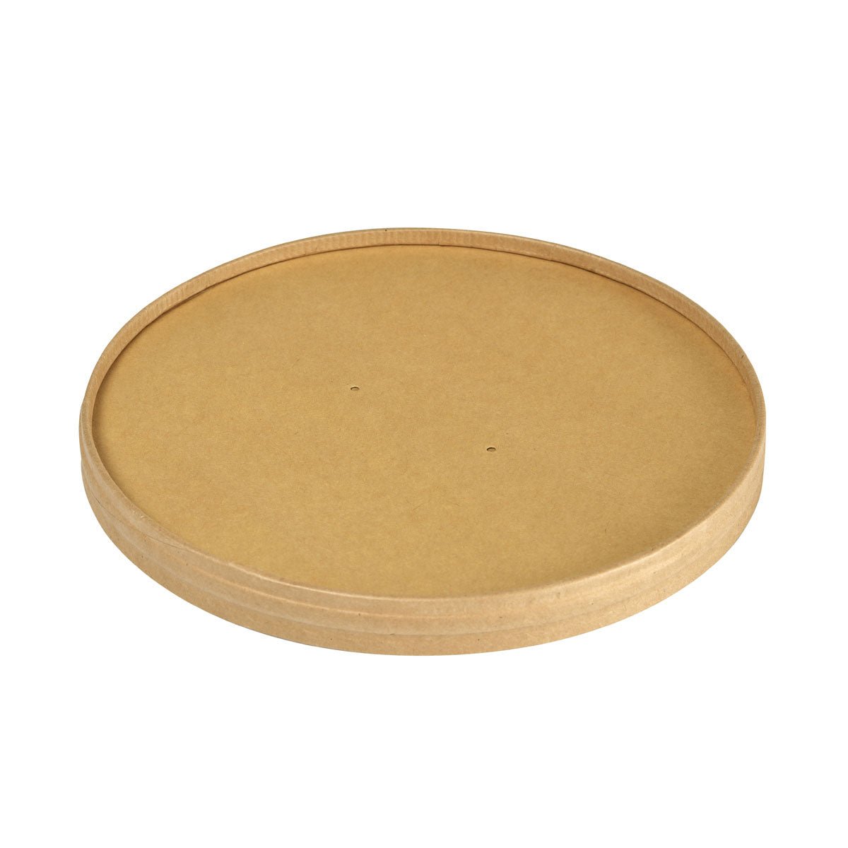 An eco-friendly lid cardboard Ronda WIDE+ from Duni GmbH made of brown FSC/PLA cardboard (184x184x17 mm, 900/1300 ml) with slightly raised edges and two small holes lies on a white background. Pack of 25 pieces.