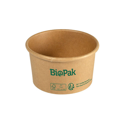 The Ronda SHORT cardboard/PLA bowl from Duni GmbH is a brown, round, biodegradable cardboard bowl with green, eco-friendly symbols, offering a sustainable alternative as an eco-friendly disposable bowl against a plain white background.