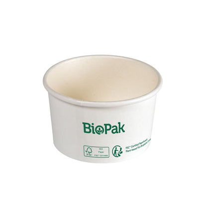 The Ronda SHORT cardboard/PLA bowl from Duni GmbH - a round, white disposable bowl with green branding and biodegradable certification, the sustainable choice for eco-friendly serving.