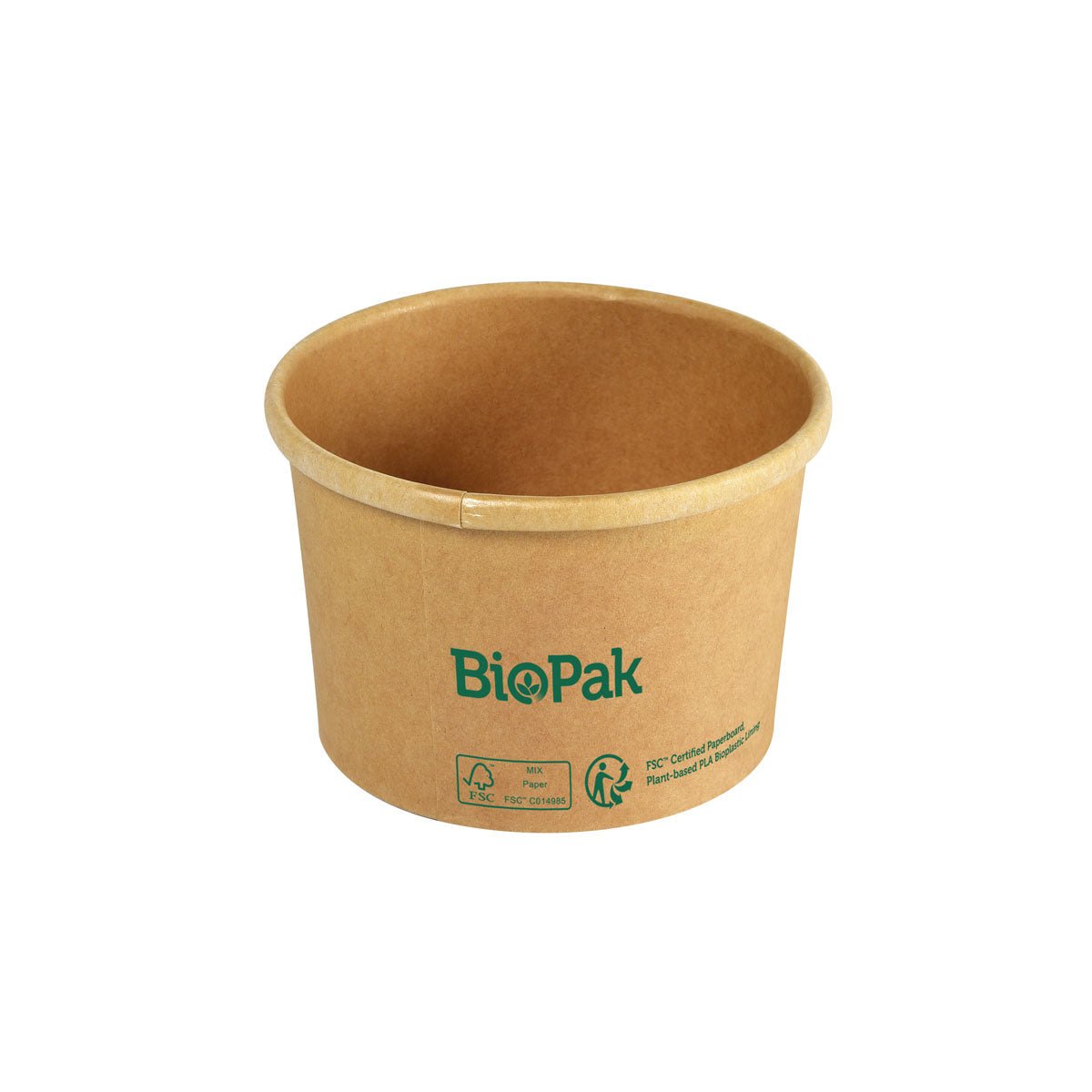 A brown Ronda SHORT cardboard/PLA bowl from Duni GmbH with eco symbols, displayed on white - a biodegradable and sustainable alternative for eco-friendly disposable bowls.