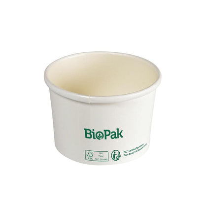 The white, round disposable bowl Ronda SHORT cardboard/PLA from Duni GmbH with green "BioPak" logo and certification symbols offers a sustainable alternative on a plain white background.