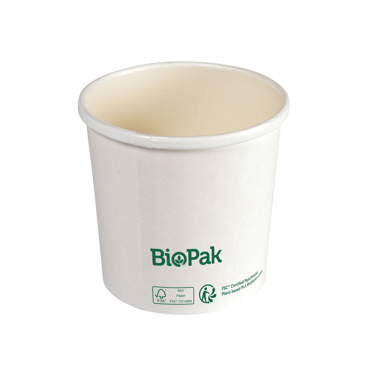 A white, biodegradable Ronda SHORT cardboard/PLA bowl from Duni GmbH with green logo and certification symbols, photographed against a white background as a sustainable alternative to conventional disposable bowls.