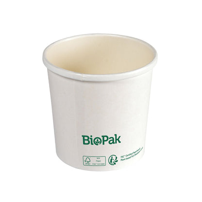 A white, biodegradable Ronda SHORT cardboard/PLA bowl from Duni GmbH with green logo and certification symbols, photographed against a white background as a sustainable alternative to conventional disposable bowls.