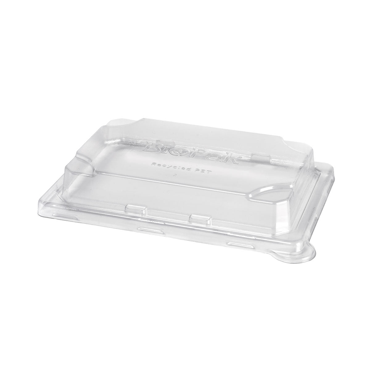 The rPET lid Sushi small from Duni GmbH is a transparent, rectangular lid (195x139x33 mm) with raised edges and a flat center - ideal for sustainable packaging. Delivered in packs of 50 pieces.