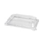 The rPET lid Sushi small from Duni GmbH is a transparent, rectangular lid (195x139x33 mm) with raised edges and a flat center - ideal for sustainable packaging. Delivered in packs of 50 pieces.