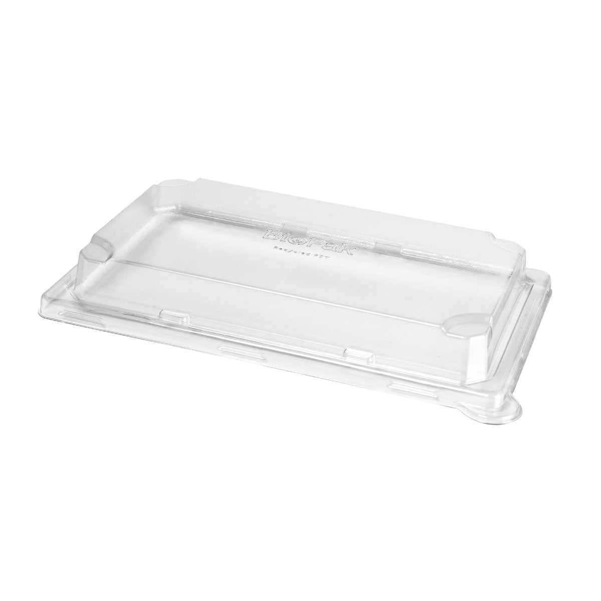 The rPET lid Sushi large by Duni GmbH is a transparent, rectangular lid (248x156x33 mm) with raised edges, made from recycled PET. Designed to fit securely on matching sushi containers. Pictured: Pack (50 pieces), white background.