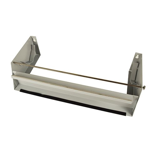 The Starpak foil separator device single for 30 cm wide large rolls from Starpak is a wall-mounted metal cutter with a wavy edge, two side brackets, and a metal rod – ideal for the packaging industry (cardboard, 1 piece).
