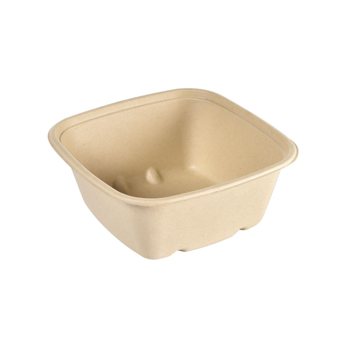 Ein Bagasse Bowl CUBE SQUARE, Braun, unbeschichtet von Duni GmbH wird leer und quadratisch auf weißem Hintergrund dargestellt, hergestellt aus biologisch abbaubarer Formfaser.