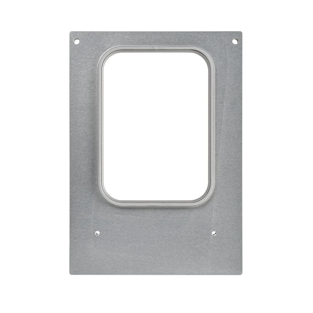 Eine rechteckige Metallplatte mit einem zentralen, abgerundet-rechteckigen Ausschnitt und vier Eck-Schraublöchern, die Teilen der Duni GmbH Kassette DF10/20 f. Forum Schale 785 ml (Packung, 1 Stück) ähnelt, fotografiert auf weißem Hintergrund.