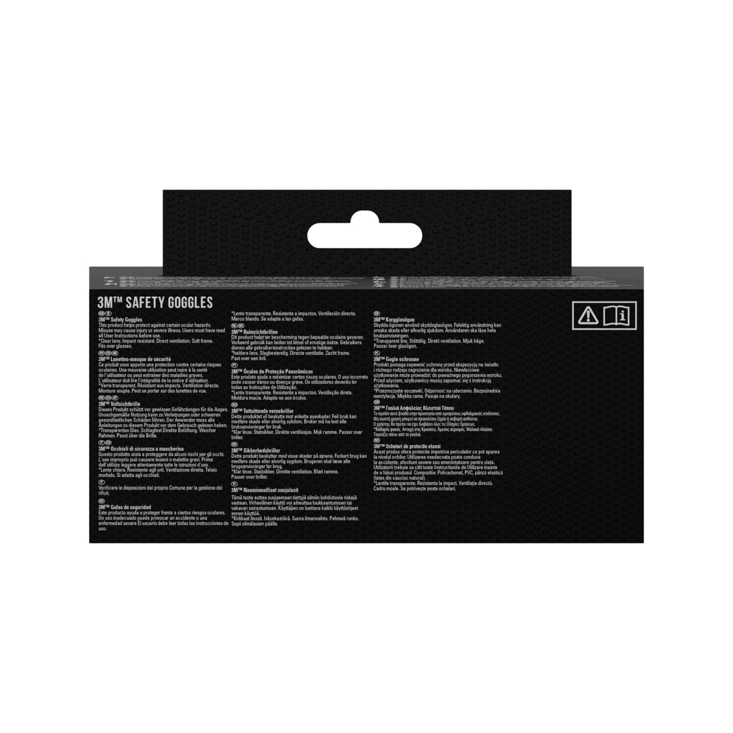 The back of a 3M™ Classic Safety Glasses 4700 packaging from 3M Deutschland GmbH shows eye protection information and safety instructions in multiple languages on black, with an upper cutout for hanging and details about the directly ventilated clear lens design.