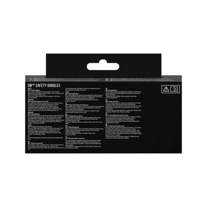 The back of a 3M™ Classic Safety Glasses 4700 packaging from 3M Deutschland GmbH shows eye protection information and safety instructions in multiple languages on black, with an upper cutout for hanging and details about the directly ventilated clear lens design.