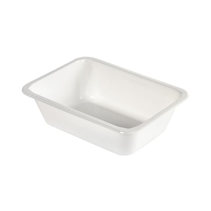 The CPET Take-Away small White CPET from Duni GmbH is a white, rectangular enamel dish with rounded corners and beveled sides, which is perfect as a microwave-safe or heat-resistant take-away container, depicted on a white background.