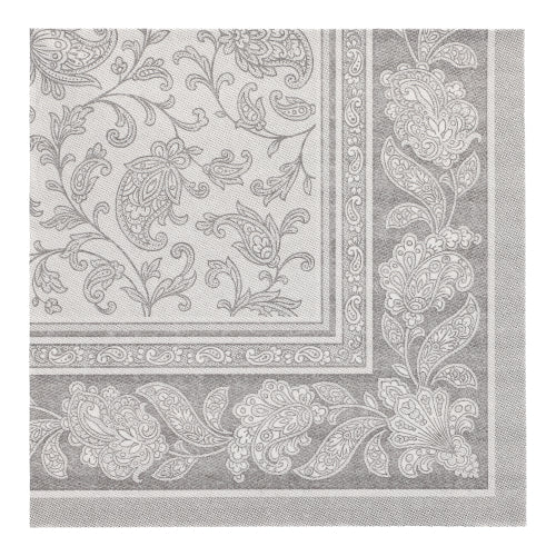 Grauer und weißer Flächenteppich mit Blumen- und Paisleymuster, dessen dekorative Bordüre die raffinierte Eleganz der PAPSTAR 50 Servietten "ROYAL Collection" 1/4-Falz 40 x 40 cm grau der PAPSTAR GmbH widerspiegelt. Das symmetrische Design bringt Raffinesse in jeden Raum.