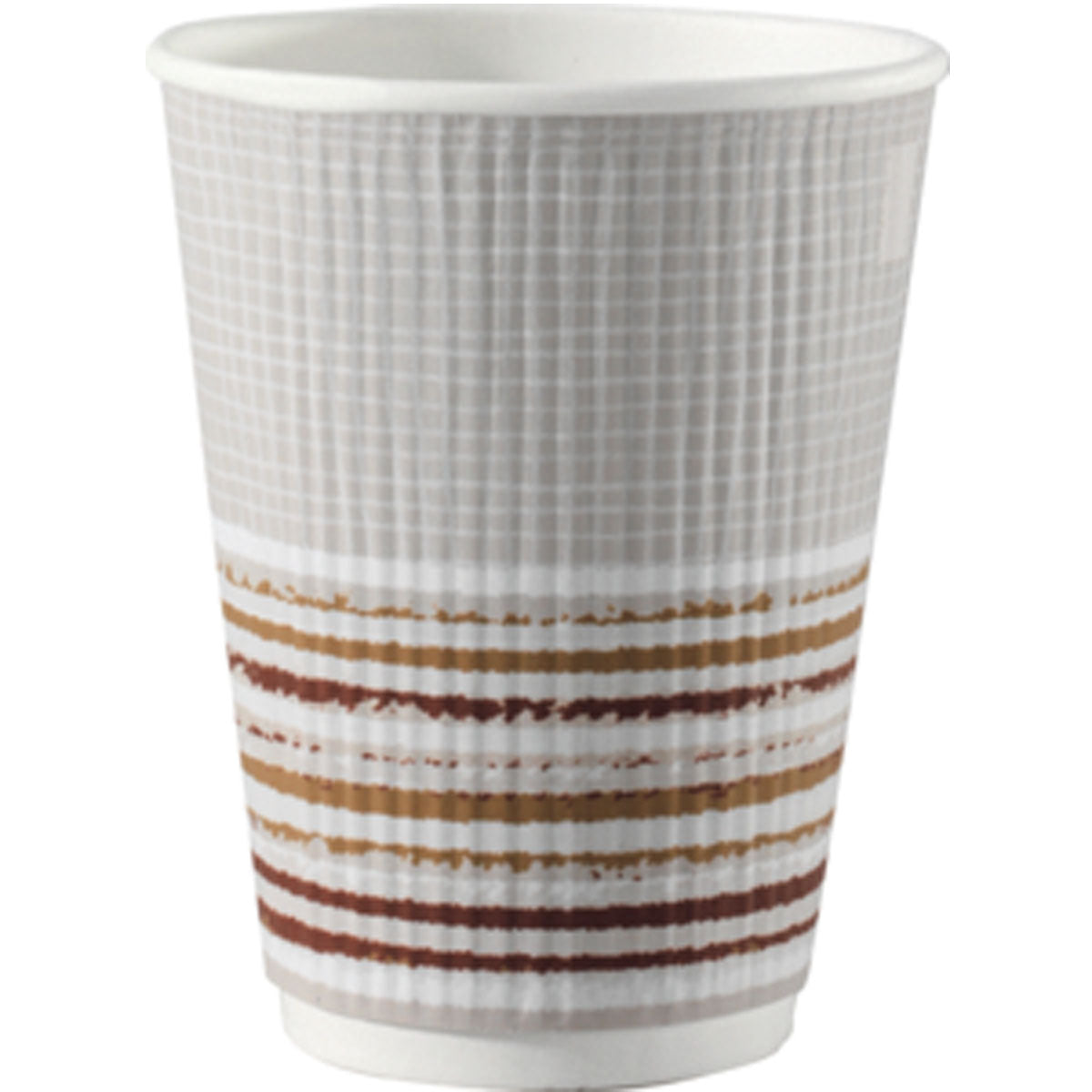 Der Triple Wall Stripe Thermobecher 350 ml von Duni GmbH aus PAP/PLA ist weiß mit strukturierter Oberfläche und braun-beige-roten Streifen am Boden. Das umweltfreundliche 30er-Pack wurde vor einem schlichten weißen Hintergrund fotografiert.