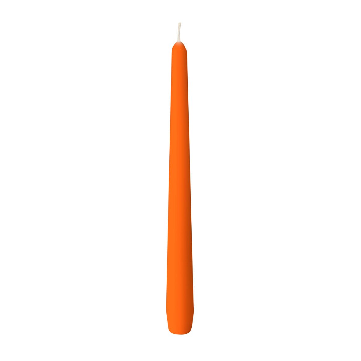 An unlit orange Duni GmbH taper candle (approx. 7h, 250 x 22 mm), with a visible wick, stands upright against a plain white background.