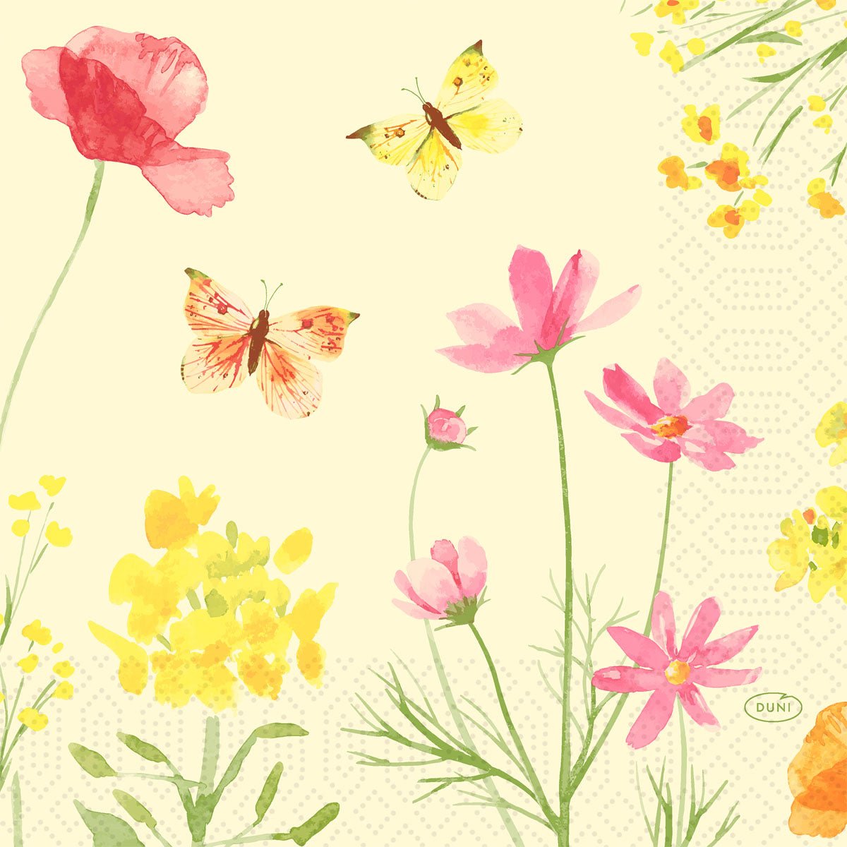 The napkins 33x33 cm, Poppy Field Design by Duni GmbH feature a watercolor design of pink and yellow wildflowers and butterflies on a light background; the pack contains 250 elegant napkins.