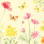 The napkins 33x33 cm, Poppy Field Design by Duni GmbH feature a watercolor design of pink and yellow wildflowers and butterflies on a light background; the pack contains 250 elegant napkins.
