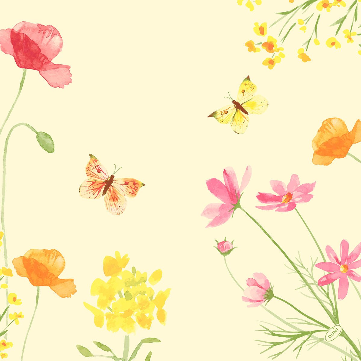 Watercolor flowers in red, yellow, and orange with butterflies on a light yellow background. Ideal for Dunisoft napkins 40x40cm by Duni GmbH - perfect for stylish napkins or napkins with a soft fabric-like feel.