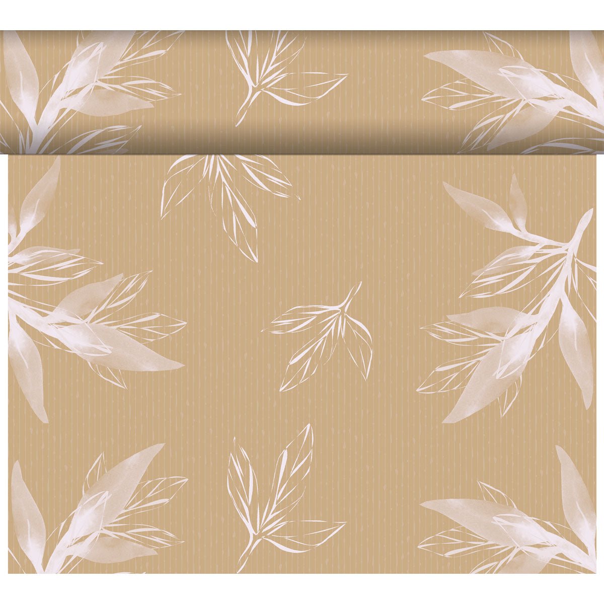 A roll of light brown wallpaper with subtle stripes and white botanical leaves perfectly matches the Dunicel table runner Tête-à-Tête 24 m x 0.4 m (20 sections) by Duni GmbH for stylish table decoration.