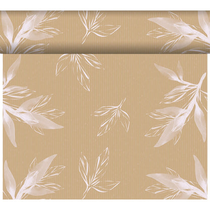 A roll of light brown wallpaper with subtle stripes and white botanical leaves perfectly matches the Dunicel table runner Tête-à-Tête 24 m x 0.4 m (20 sections) by Duni GmbH for stylish table decoration.