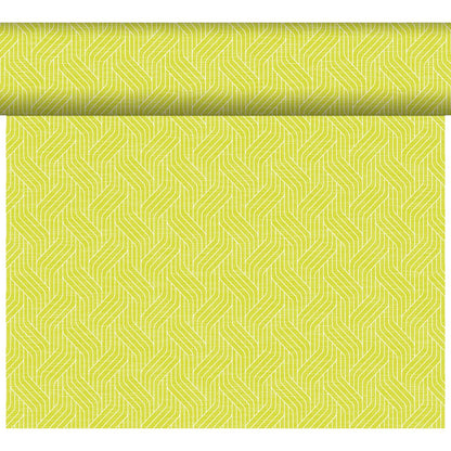 The Dunicel table runner Tête-à-Tête 24 m x 0.4 m (20 sections) by Duni GmbH displays an interlocking zigzag pattern in light yellow and lime green, ideal for modern table decorations, here partially unrolled in front of a white background.