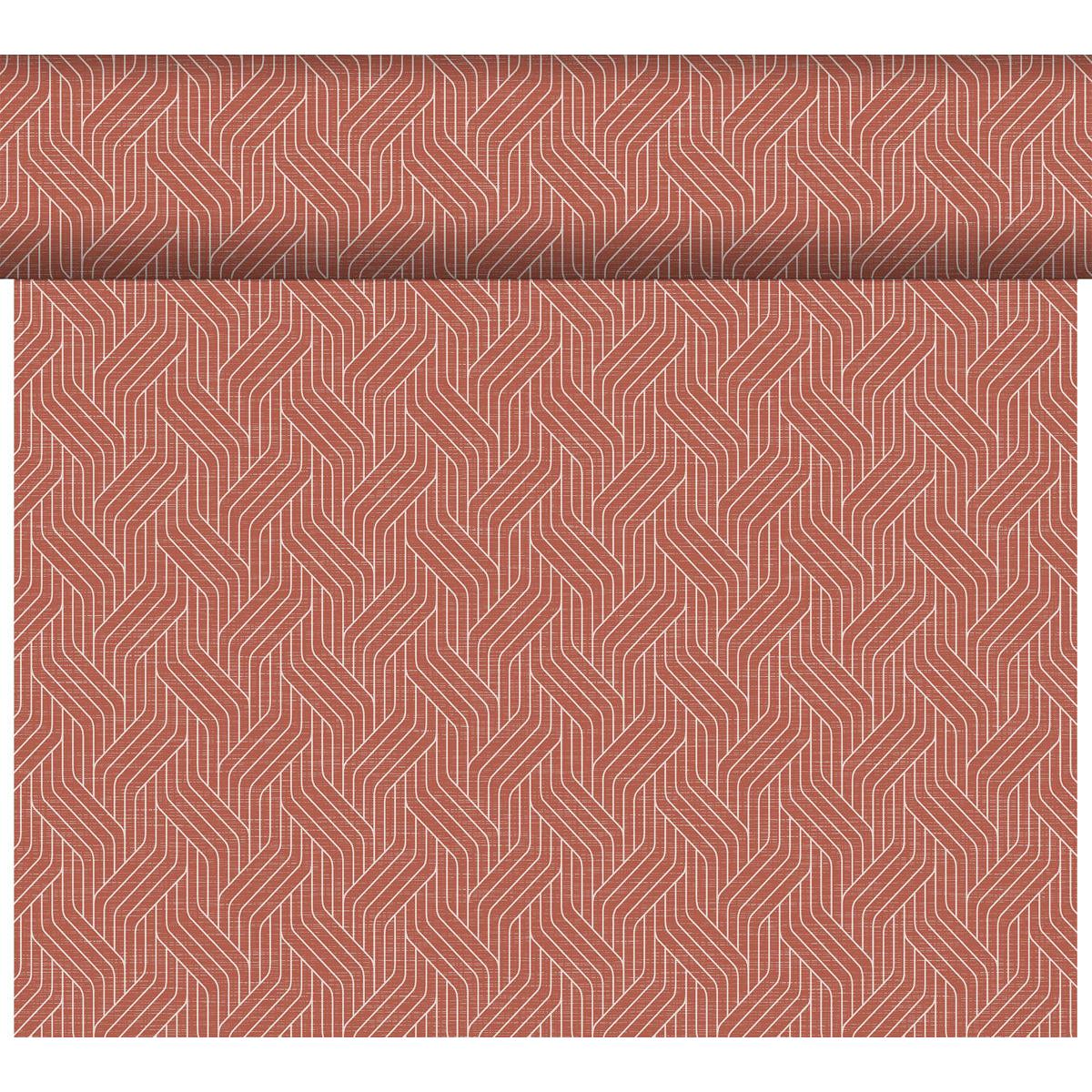 The Dunicel table runner Tête-à-Tête by Duni GmbH (24 m x 0.4 m, 20 sections) features a geometric, white, interlocking line pattern on muted reddish-brown, ideal for a stylish table decoration or creative inspiration.