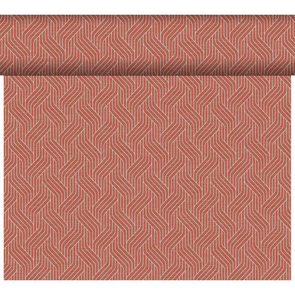 The Dunicel table runner Tête-à-Tête by Duni GmbH (24 m x 0.4 m, 20 sections) features a geometric, white, interlocking line pattern on muted reddish-brown, ideal for a stylish table decoration or creative inspiration.