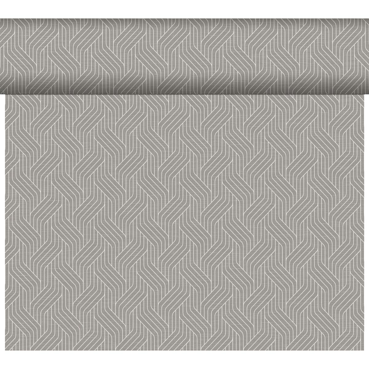 The Dunicel table runner Tête-à-Tête (24 m x 0.4 m, 20 sections) by Duni GmbH is characterized by a repeating geometric pattern in light and dark gray - ideal to give your table decoration or Tête-à-Tête a modern touch.