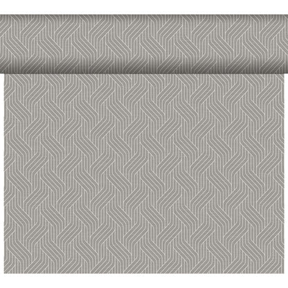 The Dunicel table runner Tête-à-Tête (24 m x 0.4 m, 20 sections) by Duni GmbH is characterized by a repeating geometric pattern in light and dark gray - ideal to give your table decoration or Tête-à-Tête a modern touch.