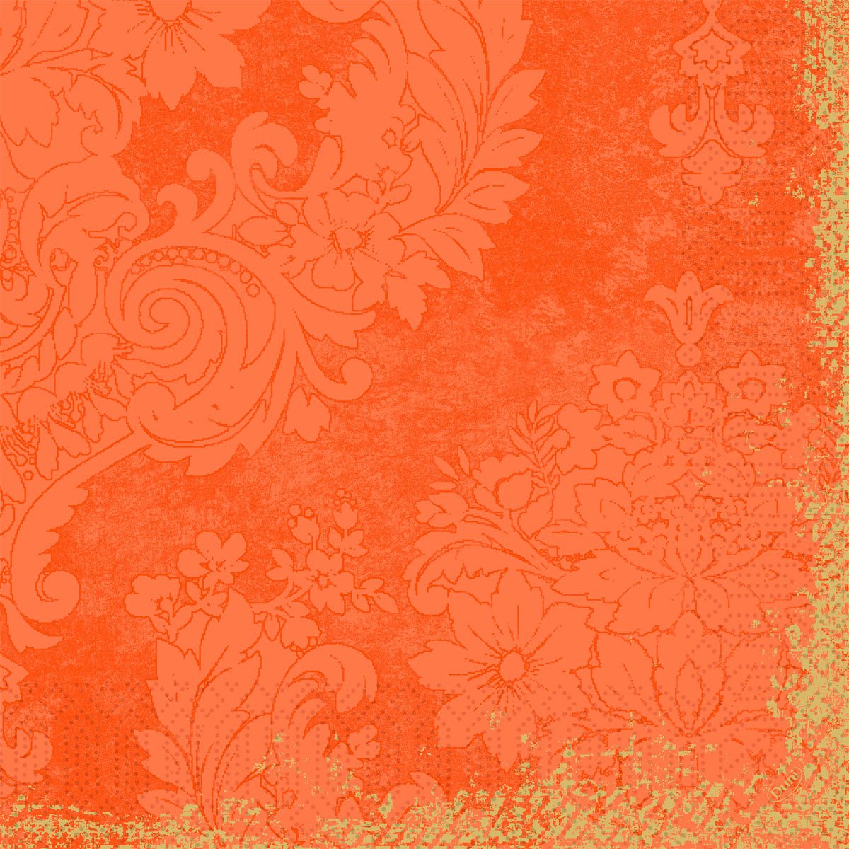 The Zellt napkins 40x40 cm, 3-ply, Royal Sun Orange from Duni GmbH are characterized by an ornamental, orange floral damask with textured edges in a vintage style. Each pack contains 250 elegant napkins, ideal for adding charm to your set table.