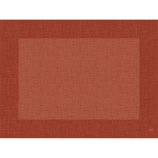 Die Dunicel-Tischsets 30 x 40 cm Linnea Earth Terra der Duni GmbH haben eine gewebte Optik mit einem dunkelroten Rand und einer helleren roten Kreuzschraffur in der Mitte. Erhältlich in Packungen zu 100 Stück.