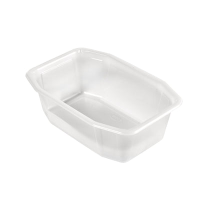 Die Duni GmbH PP-Schale HMR Transparent PP 215x148, ein klarer rechteckiger Behälter mit abgeschrägten Seiten und abgerundeten Ecken, ist leer auf weißem Hintergrund abgebildet.