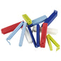 A set of 10 colorful Starpak closure clips made of PP material (red, blue, light blue, white, green) lies on a white surface - ideal for sealing food packages.
