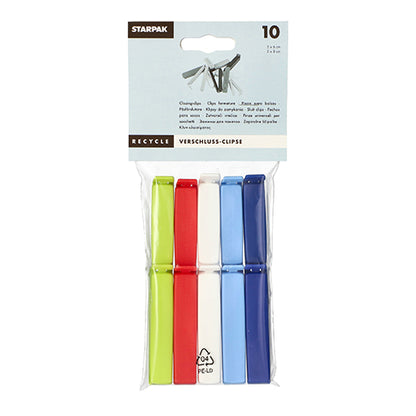 A pack of 10 colorful Starpak closure clips made of PP, sorted in red, green, light blue, and dark blue, is delivered in a clear bag with recycling symbols and product information on the label.