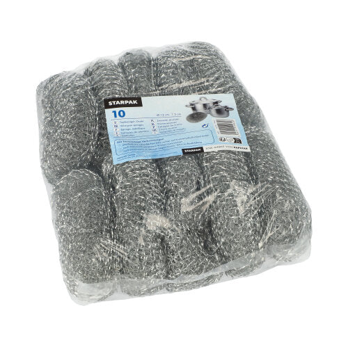 Eine in Kunststoff verpackte Packung mit 10 runden Starpak Topfreiniger-Scheuerpads aus Silberdraht mit einem blau-weißen Etikett mit dem Markennamen "Starpak" und Produktangaben.