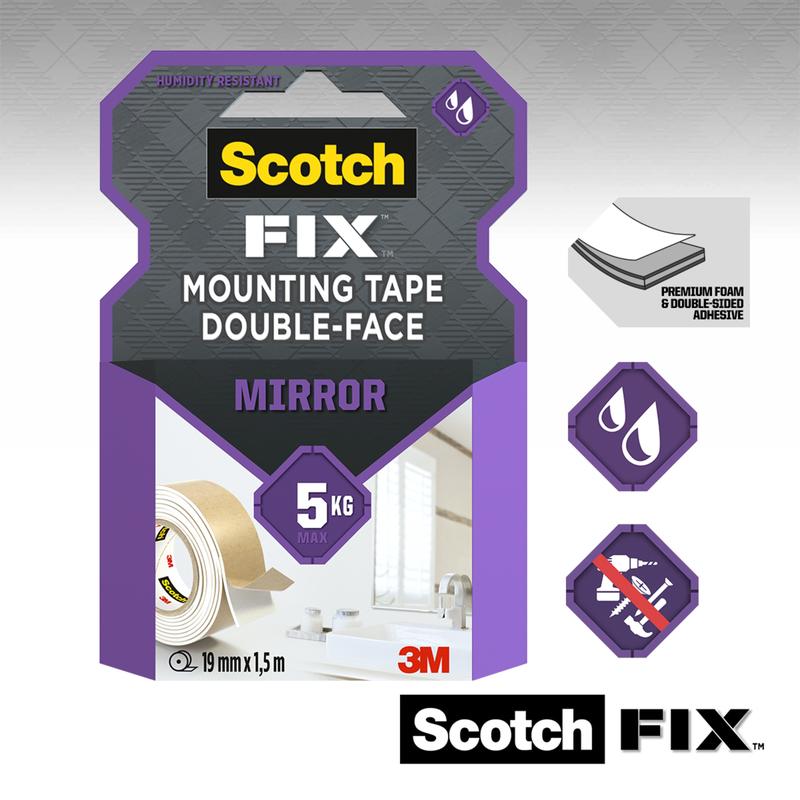 Packaging for 3M Deutschland GmbH Scotch-FIX™ Mirror Mounting Tape 4496W (double-sided), supports up to 5 kg, dimensions: 19 mm x 1.5 m. With icons for moisture resistance and strong adhesion, brand logos visible.