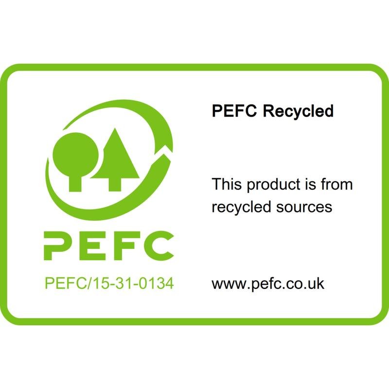 A PEFC Recycled label on the Post-it® Recycling Z-Notes, Yellow (76x76mm, 100 sheets/block, 6 blocks) from 3M Deutschland GmbH shows that they are made from recycled sources. It features a green tree logo, SGSCH-PEFC-COC-110078, and a website link.