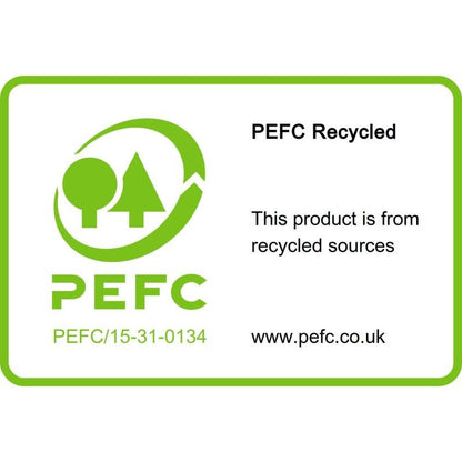 A PEFC Recycled label on the Post-it® Recycling Z-Notes, Yellow (76x76mm, 100 sheets/block, 6 blocks) from 3M Deutschland GmbH shows that they are made from recycled sources. It features a green tree logo, SGSCH-PEFC-COC-110078, and a website link.