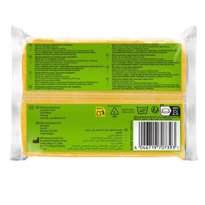 Depicted is a packaged Scotch-Brite® Delicate non-scratch natural fiber cleaning sponge (2 pieces, 3M Germany GmbH) from the back with green/black info, application instructions, recycling symbols, barcode, and multilingual text - ideal for delicate surfaces.