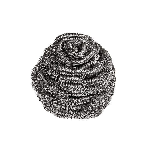 Die Scotch-Brite® Edelstahl-Spirale von 3M Deutschland GmbH (3 Stück pro Packung) aus silbernem Edelstahl mit gewundener Struktur eignet sich ideal für die Küchenreinigung und entfernt hartnäckige Verschmutzungen. Abgebildet vor weißem Hintergrund.