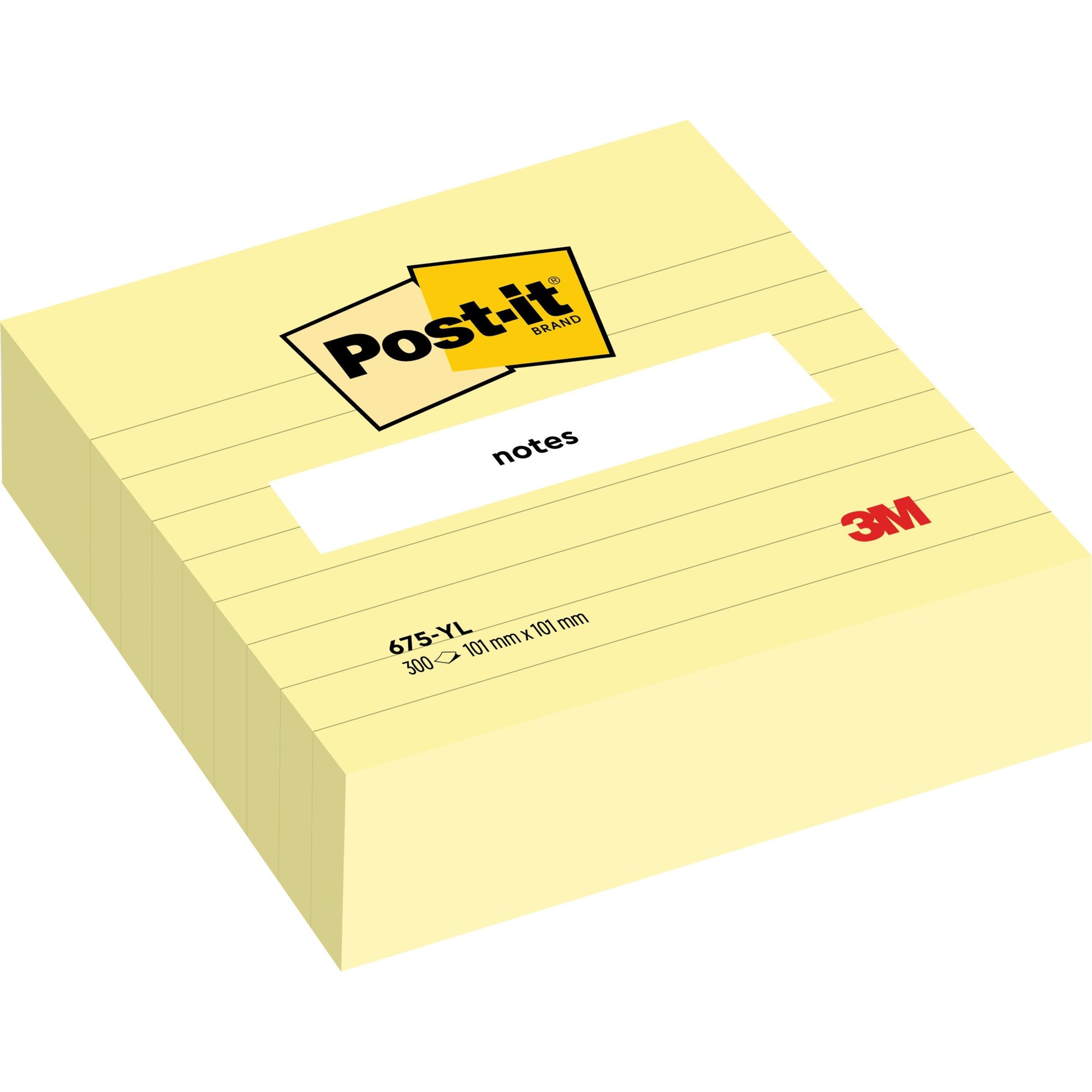 Ein Stapel großer, gelber, linierter Post-it® Notes (101 mm x 101 mm, 300 Blatt, 1 Block, 100% PEFC) der 3M Deutschland GmbH mit Marken- und Produktinformationen auf dem obersten Blatt.