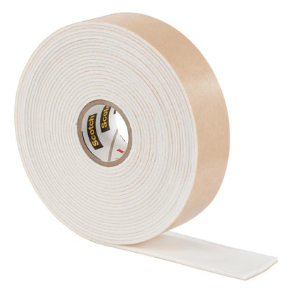 A large roll of Scotch-FIX™ Mirror Mounting Tape 4496W from 3M Deutschland GmbH with a beige paper carrier is partially unrolled. The tape, ideal for mirror mounting, features the "Scotch" branding on the inner core.