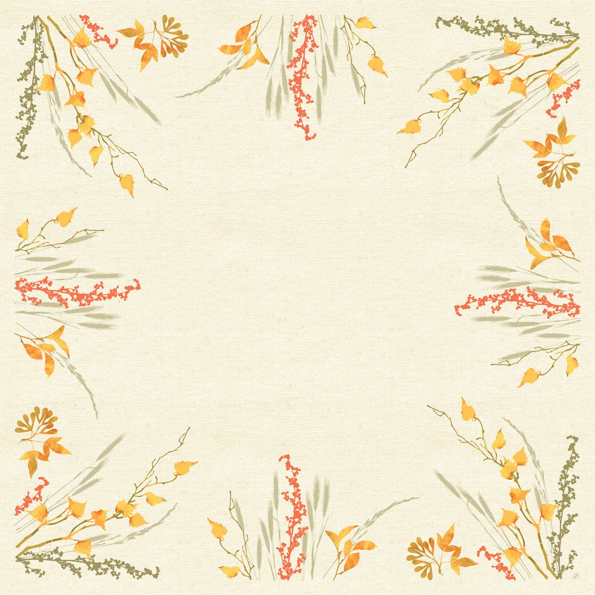 The Dunicel tablecloth 84x84cm Fall Beauty by Duni GmbH is a square beige tablecloth with yellow-orange leaves, red berries, and green-gray grass in watercolor style at the edges and corners; the center remains free.