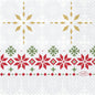 The Duni GmbH napkins 24x24 3-ply Tradition feature golden and white snowflakes on a light background, bordered by red and green geometric accents, with the Duni logo at the bottom right. Package: 50 pieces.