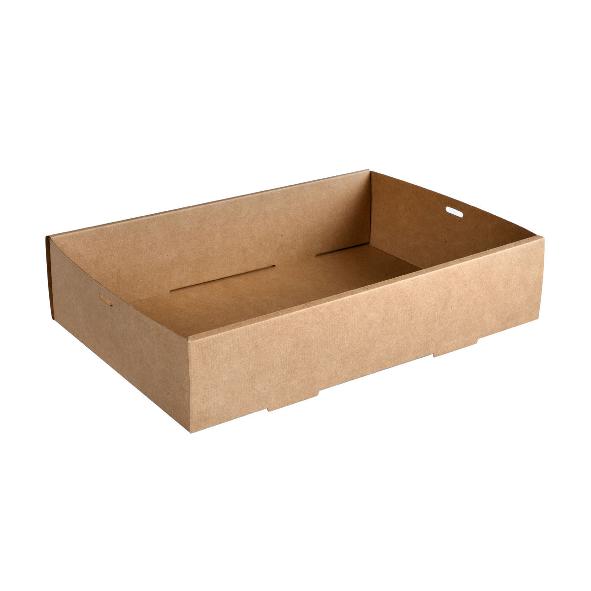 The Catering Tray Cardboard / PLA brown, Medium (359x252) from Duni GmbH is a flat, brown paper tray with cut-out handles - an eco-friendly disposable solution, ideal for sustainable gastronomy. Pack of 100 pieces.